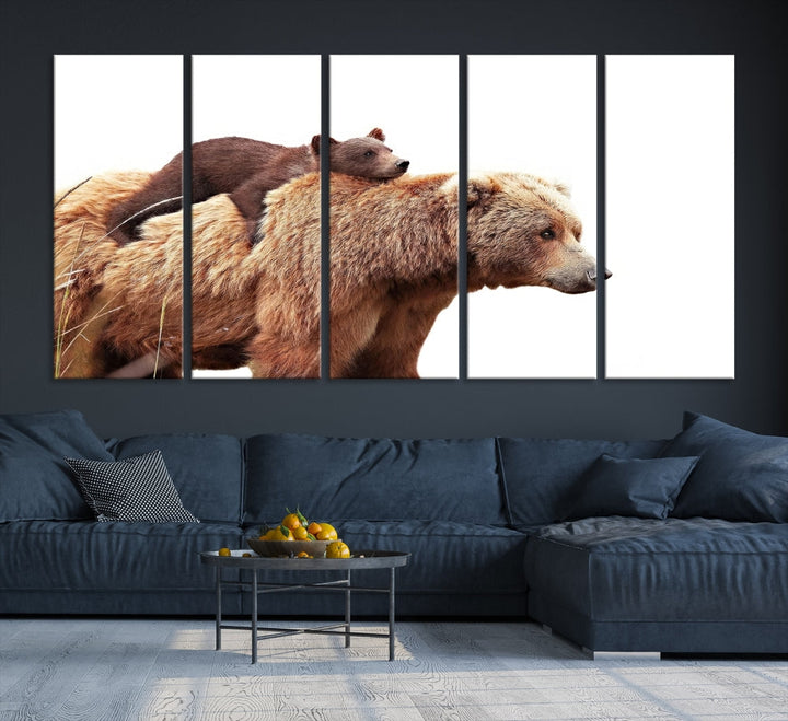 Mama Bear and Cub Wildllife Picture Printed on Canvas Framed Animal Wall Art