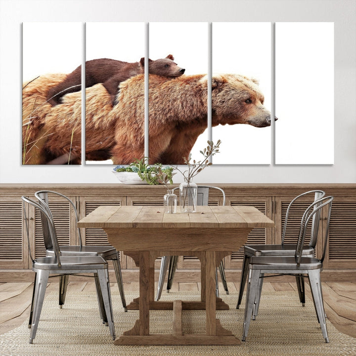 Mama Bear and Cub Wildllife Picture Printed on Canvas Framed Animal Wall Art