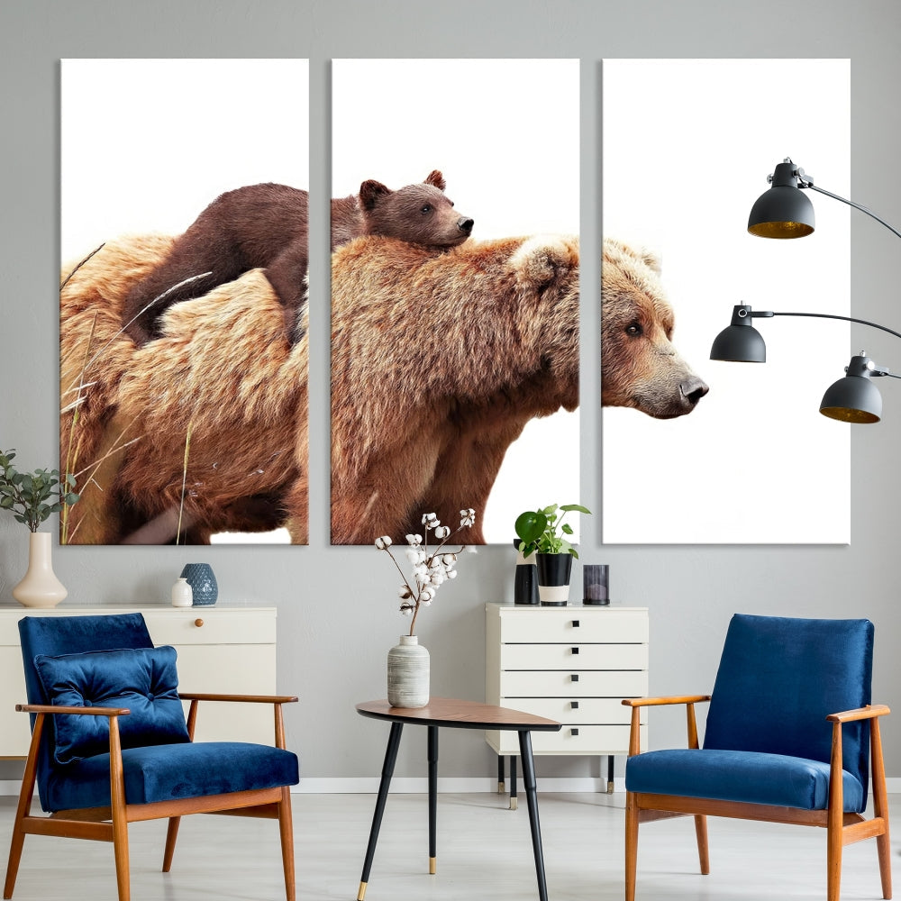 Mama Bear and Cub Wildllife Picture Printed on Canvas Framed Animal Wall Art