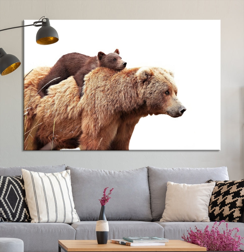 Mama Bear and Cub Wildllife Picture Printed on Canvas Framed Animal Wall Art