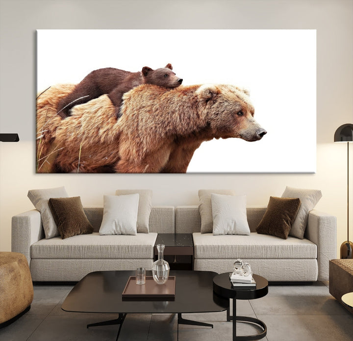 Mama Bear and Cub Wildllife Picture Printed on Canvas Framed Animal Wall Art