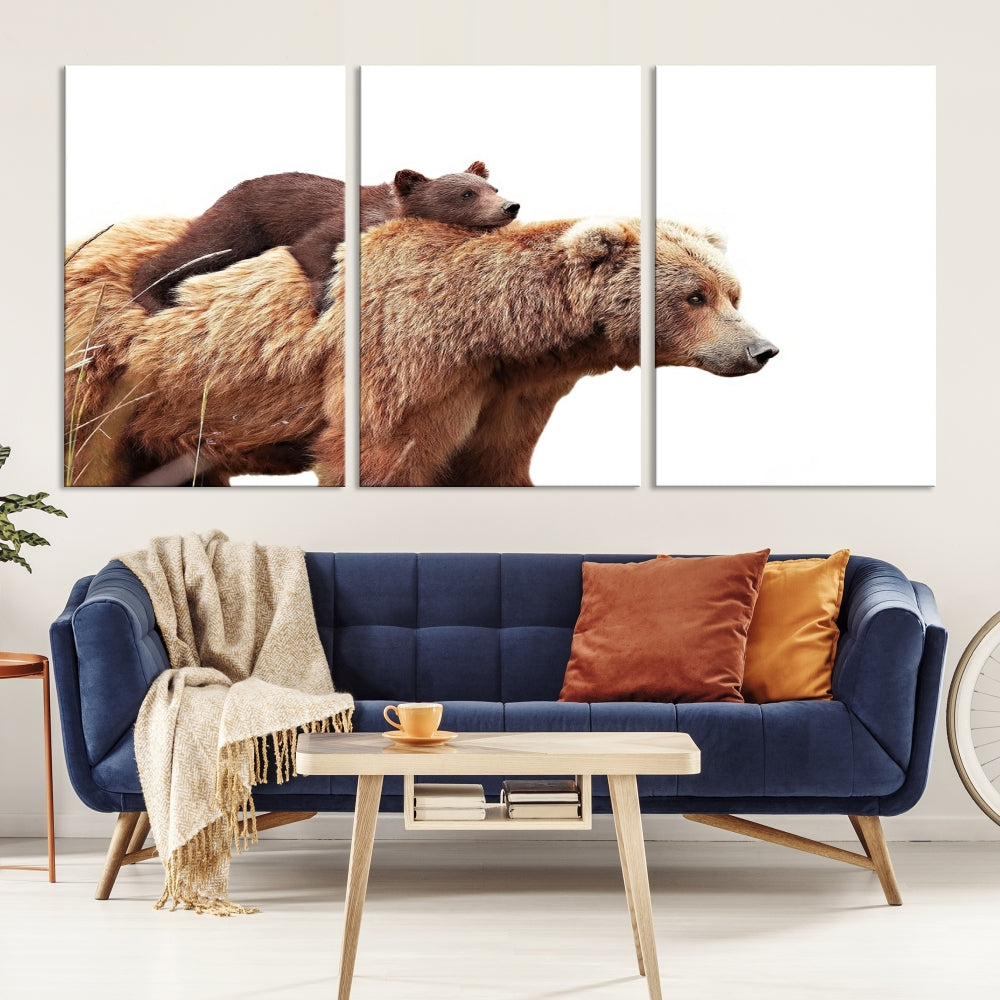 Mama Bear and Cub Wildllife Picture Printed on Canvas Framed Animal Wall Art