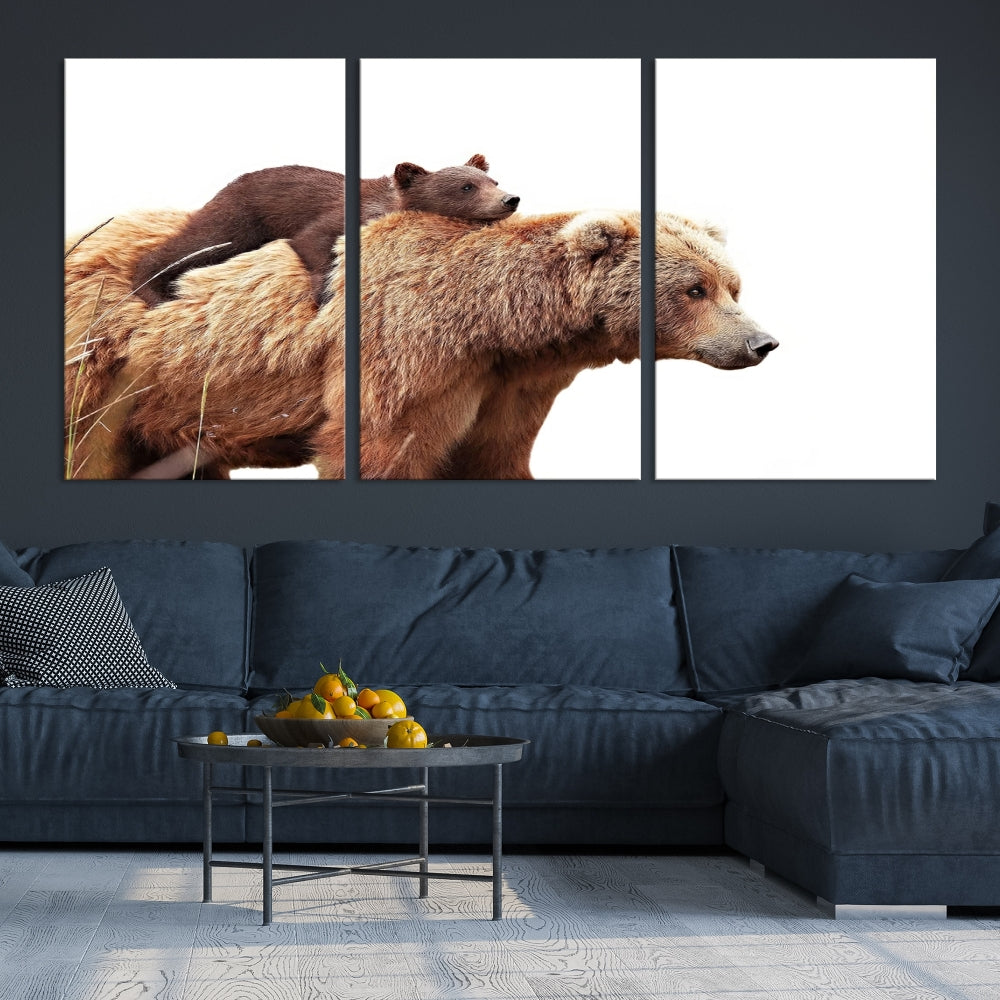 Mama Bear and Cub Wildllife Picture Printed on Canvas Framed Animal Wall Art