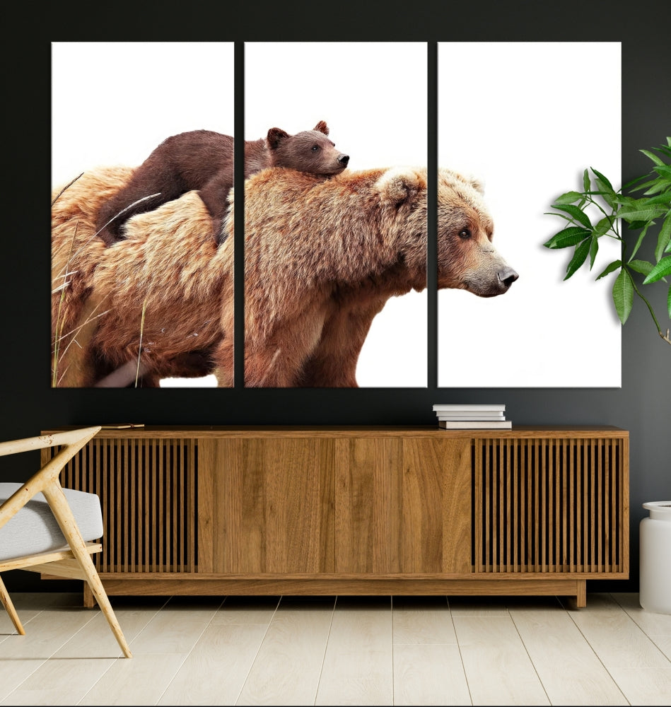 Mama Bear and Cub Wildllife Picture Printed on Canvas Framed Animal Wall Art