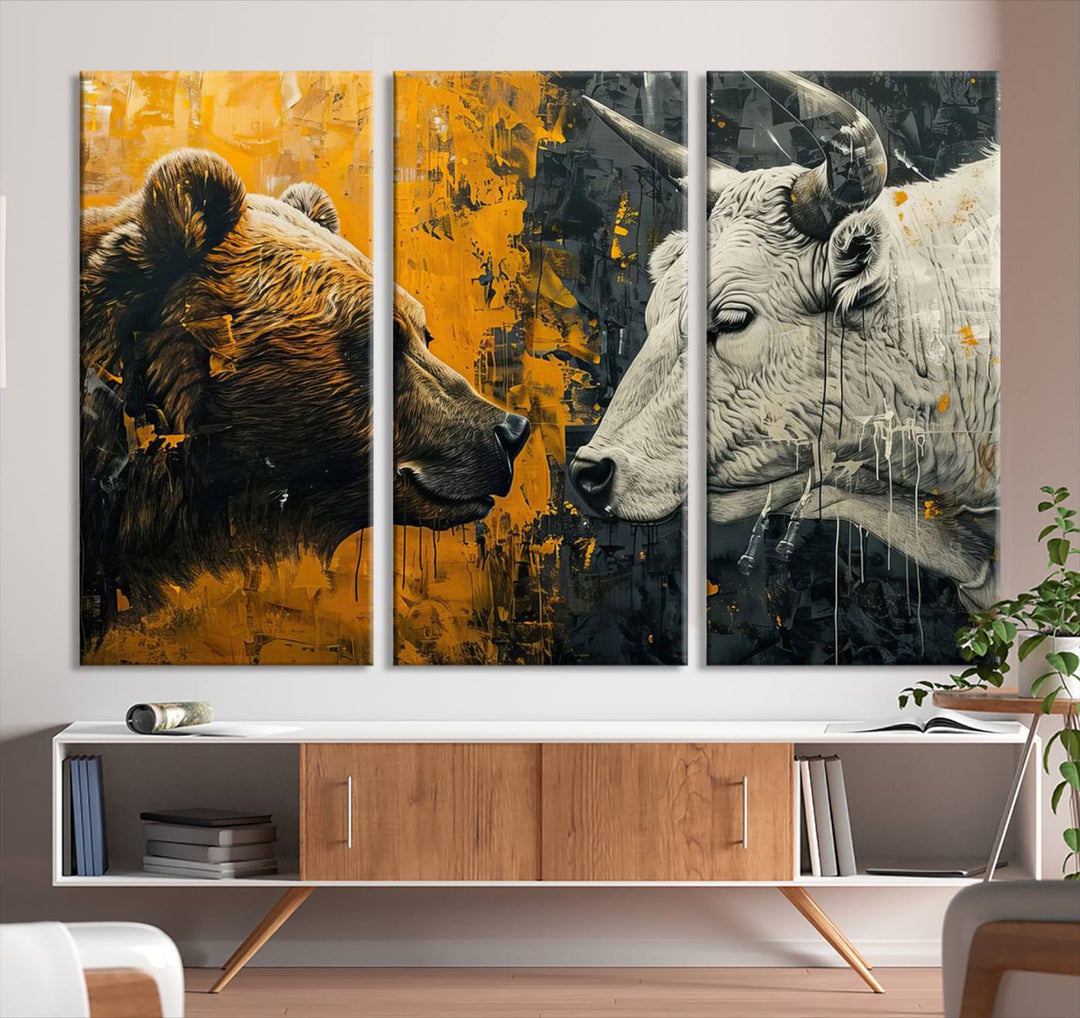 Bear vs Bull Wall Art Canvas | Stock Market Battle | Modern Financial Art for Office Decor