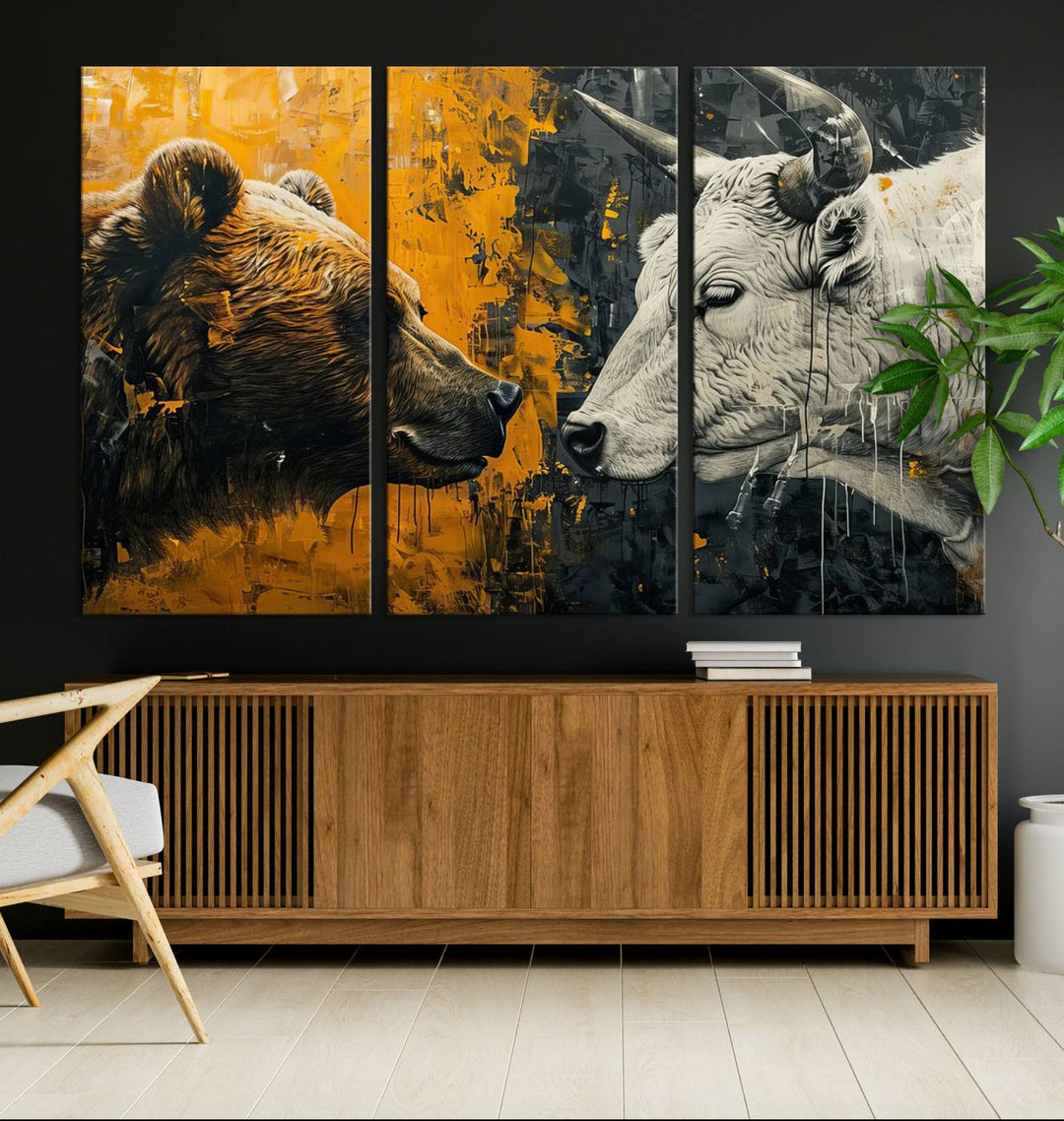 Bear vs Bull Wall Art Canvas | Stock Market Battle | Modern Financial Art for Office Decor