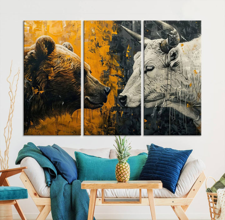 Bear vs Bull Wall Art Canvas | Stock Market Battle | Modern Financial Art for Office Decor