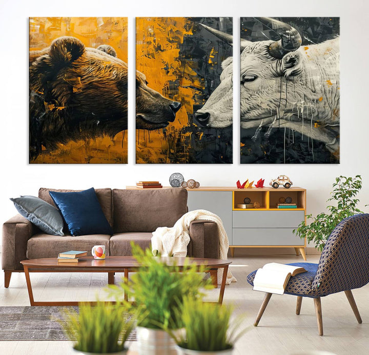 Bear vs Bull Wall Art Canvas | Stock Market Battle | Modern Financial Art for Office Decor