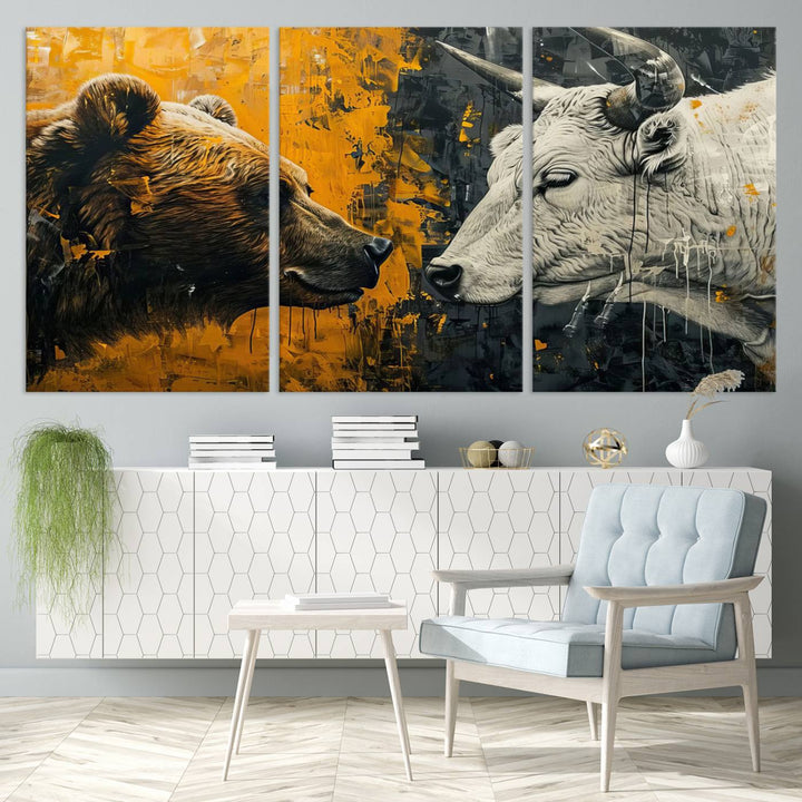 Bear vs Bull Wall Art Canvas | Stock Market Battle | Modern Financial Art for Office Decor