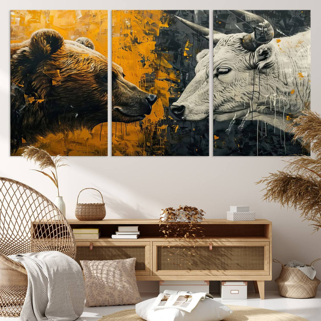 Bear vs Bull Wall Art Canvas | Stock Market Battle | Modern Financial Art for Office Decor