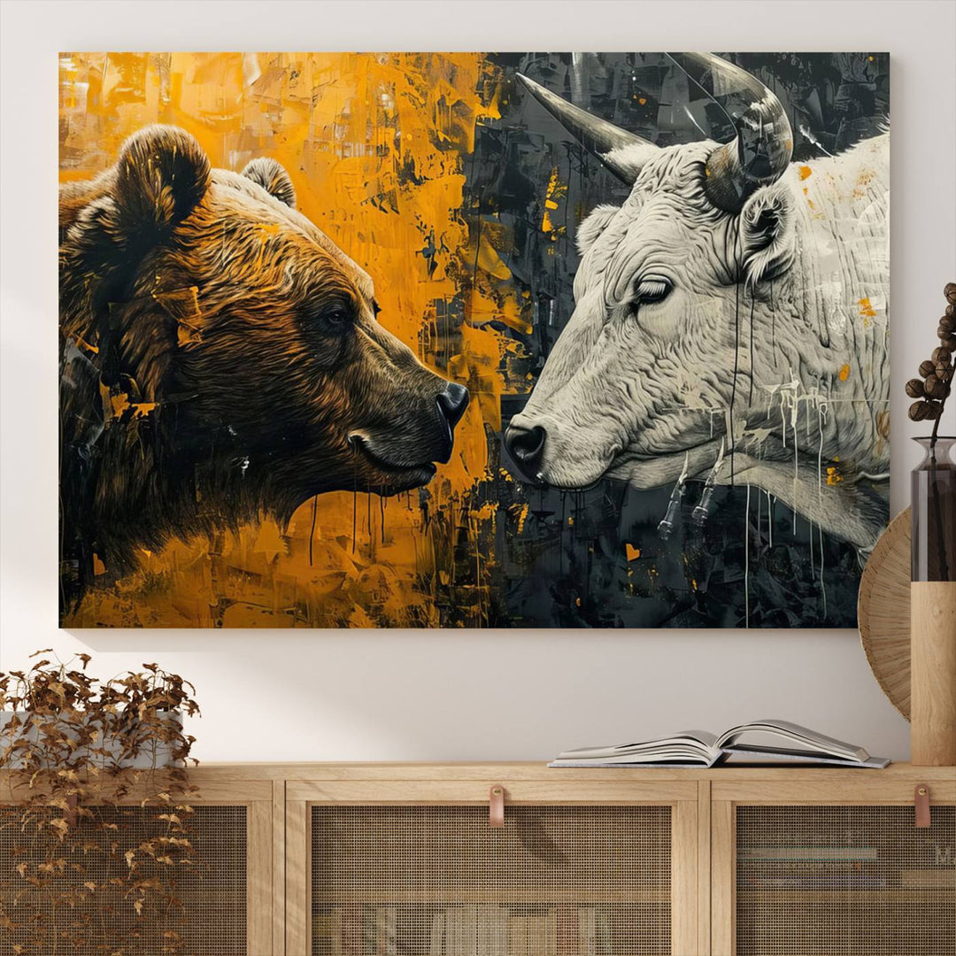 Bear vs Bull Wall Art Canvas | Stock Market Battle | Modern Financial Art for Office Decor