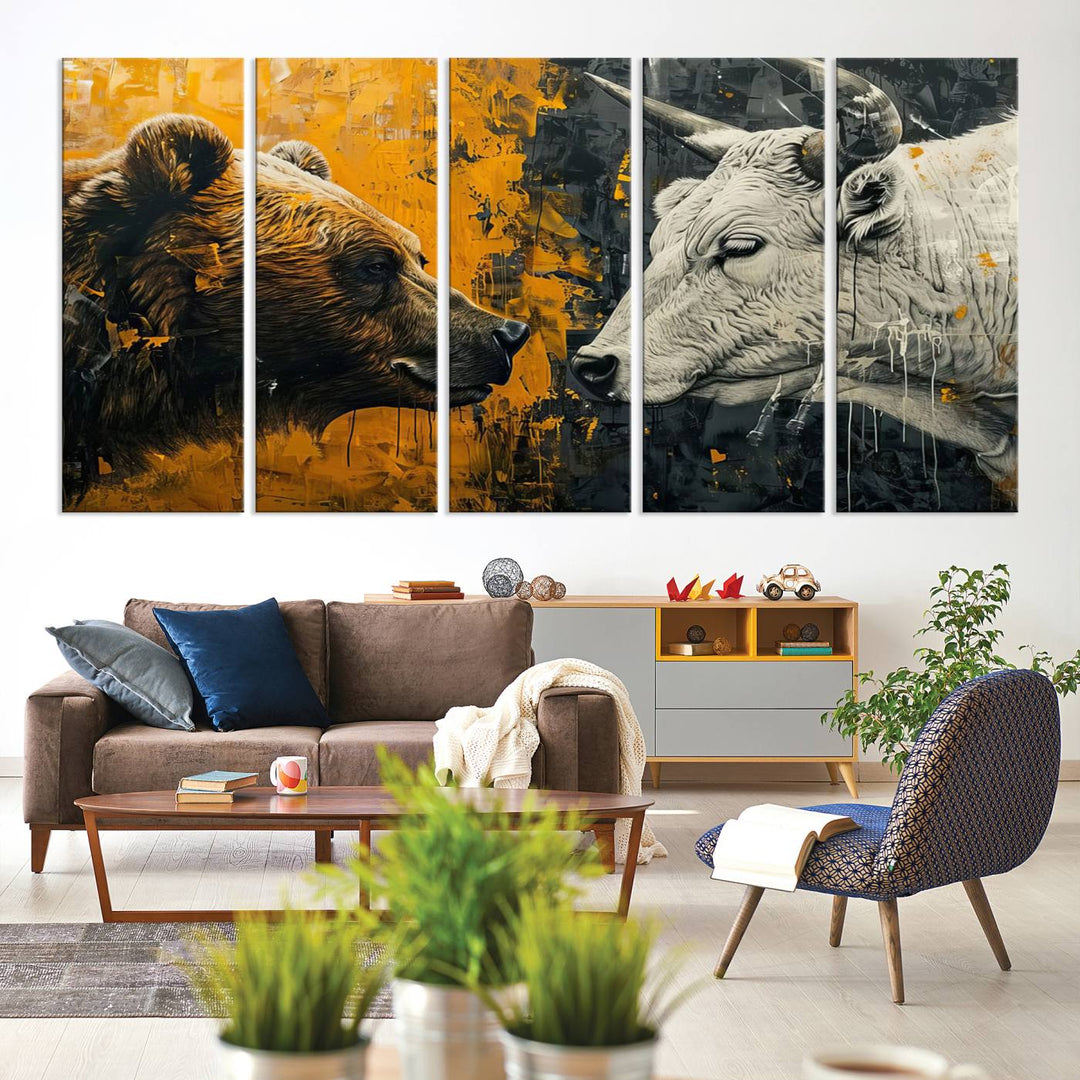 Bear vs Bull Wall Art Canvas | Stock Market Battle | Modern Financial Art for Office Decor