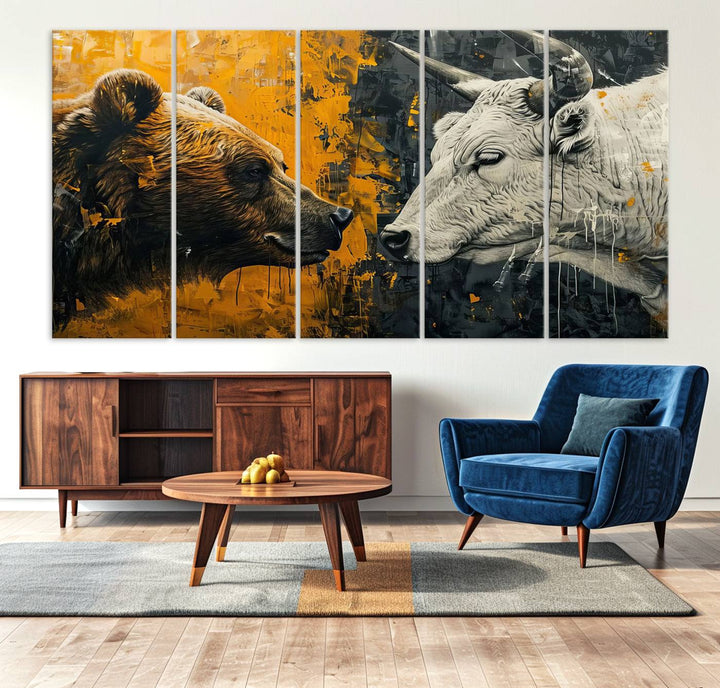 Bear vs Bull Wall Art Canvas | Stock Market Battle | Modern Financial Art for Office Decor