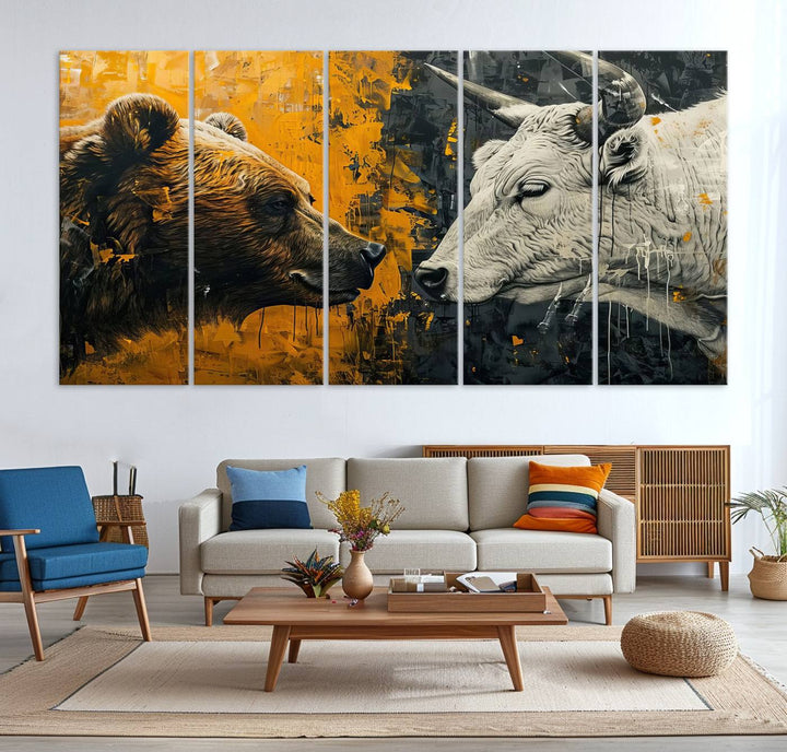 Bear vs Bull Wall Art Canvas | Stock Market Battle | Modern Financial Art for Office Decor