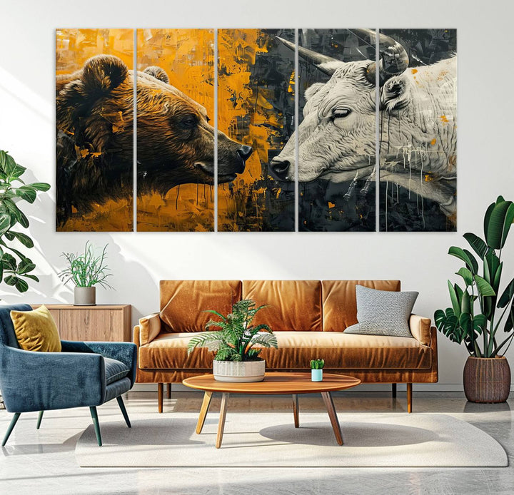 Bear vs Bull Wall Art Canvas | Stock Market Battle | Modern Financial Art for Office Decor