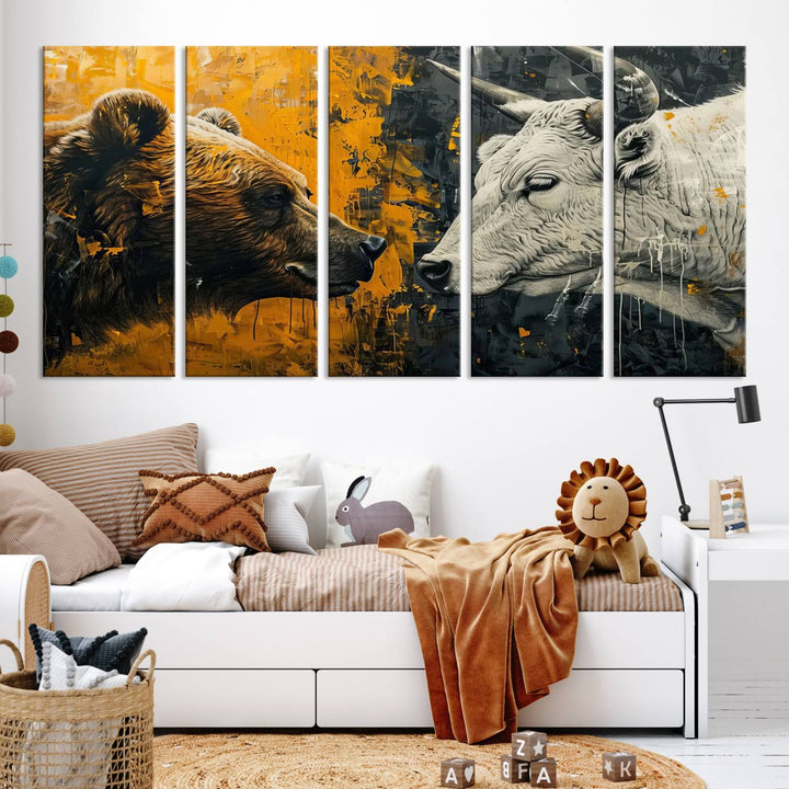 Bear vs Bull Wall Art Canvas | Stock Market Battle | Modern Financial Art for Office Decor