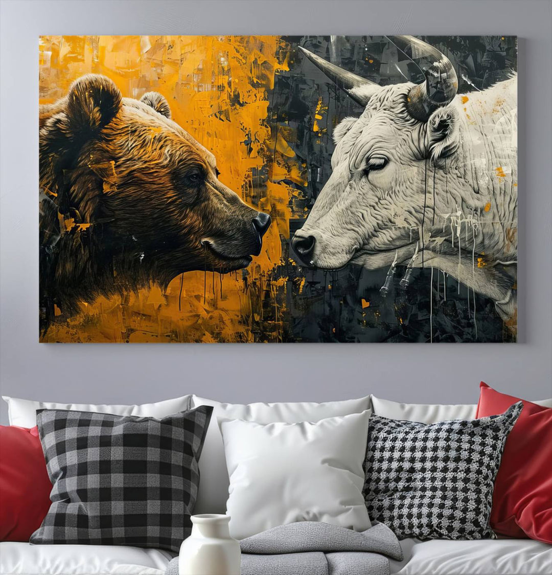 Bear vs Bull Wall Art Canvas | Stock Market Battle | Modern Financial Art for Office Decor