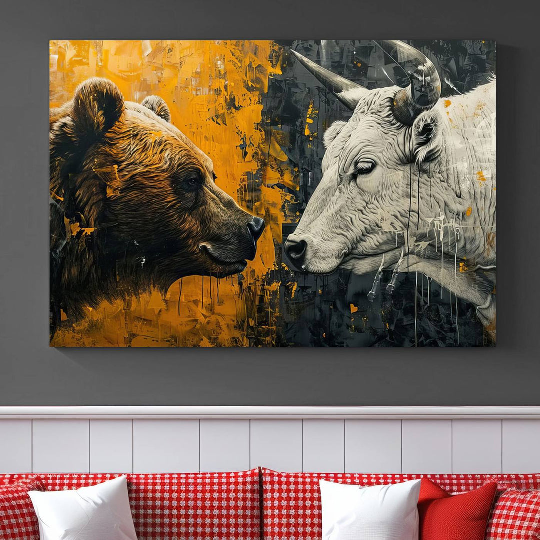 Bear vs Bull Wall Art Canvas | Stock Market Battle | Modern Financial Art for Office Decor