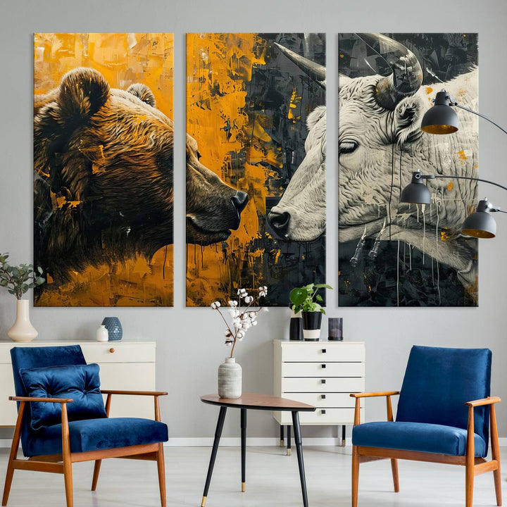 Bear vs Bull Wall Art Canvas | Stock Market Battle | Modern Financial Art for Office Decor