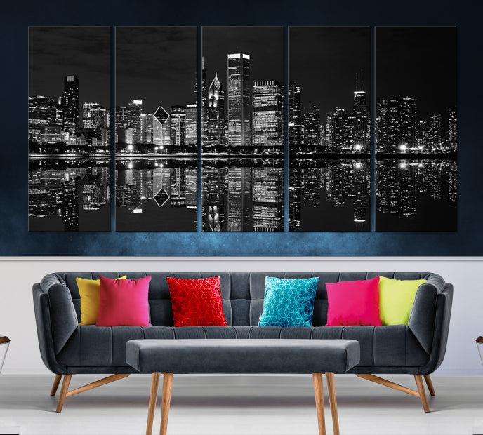 Beautiful Chicago Night Print Large Wall Art Cityscape Skyline Canvas Art Print