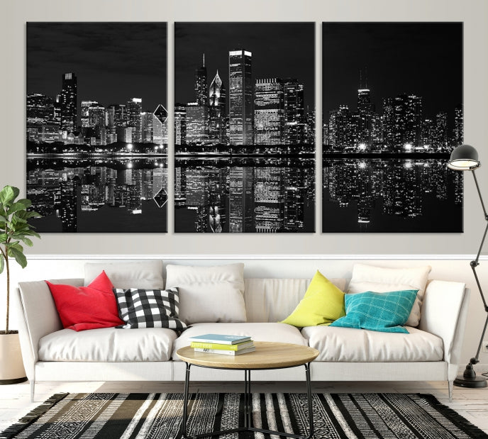 Beautiful Chicago Night Print Large Wall Art Cityscape Skyline Canvas Art Print