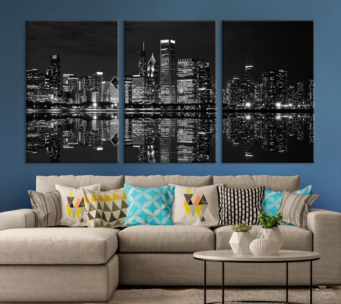 Beautiful Chicago Night Print Large Wall Art Cityscape Skyline Canvas Art Print