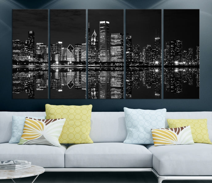 Beautiful Chicago Night Print Large Wall Art Cityscape Skyline Canvas Art Print