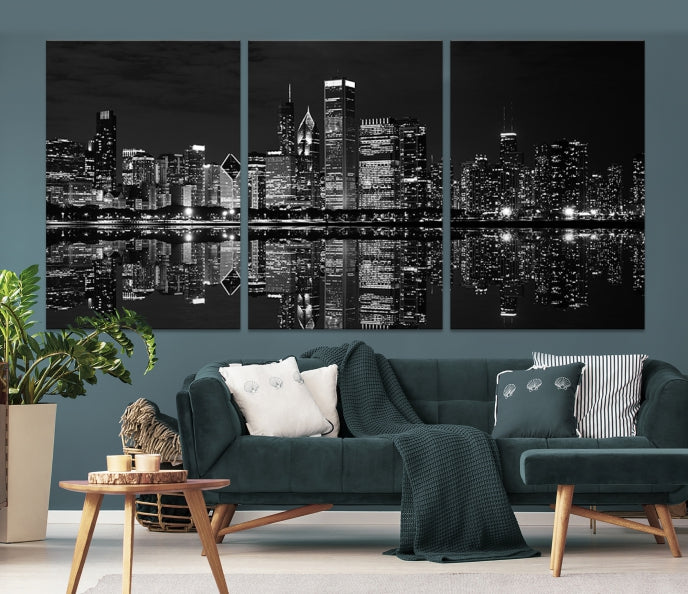 Beautiful Chicago Night Print Large Wall Art Cityscape Skyline Canvas Art Print