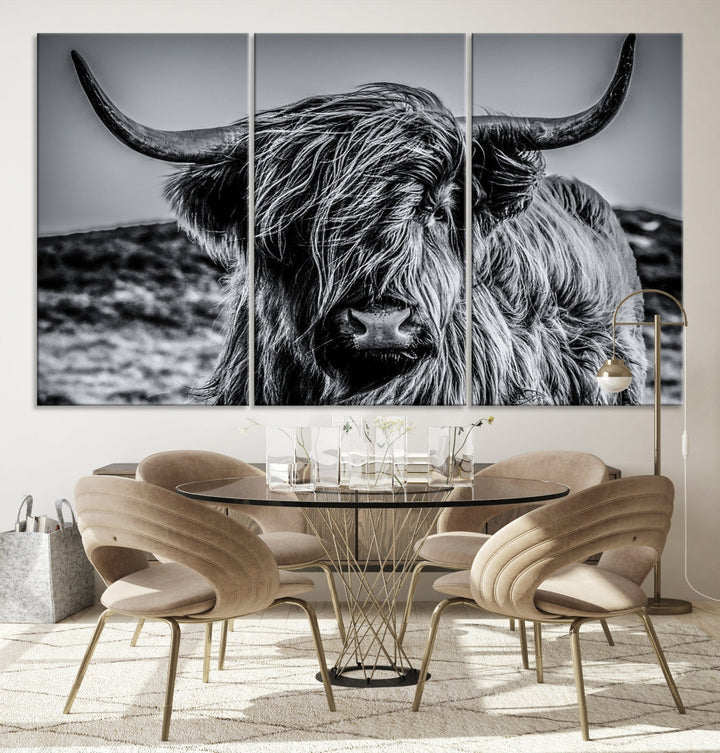 Beautiful Highland Cow Canvas Wall Art Cattle Art Print Black and White Animal Art