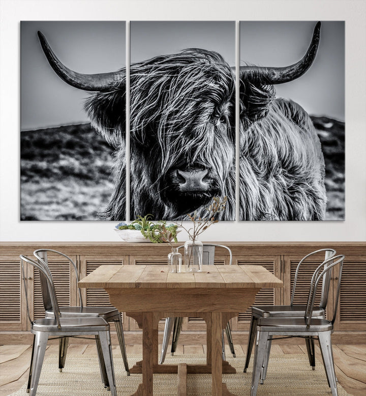 Beautiful Highland Cow Canvas Wall Art Cattle Art Print Black and White Animal Art