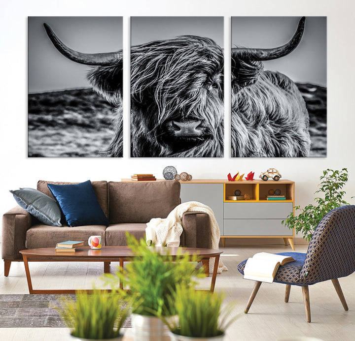 Beautiful Highland Cow Canvas Wall Art Cattle Art Print Black and White Animal Art