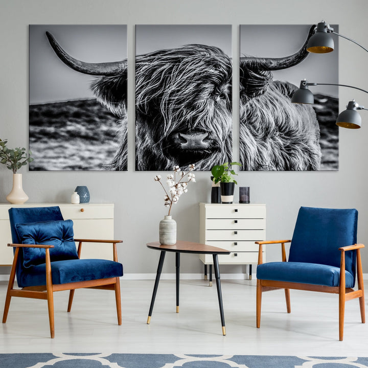 Beautiful Highland Cow Canvas Wall Art Cattle Art Print Black and White Animal Art