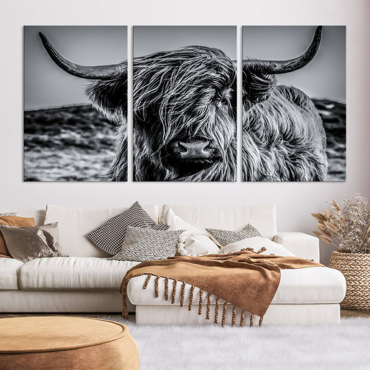 Beautiful Highland Cow Canvas Wall Art Cattle Art Print Black and White Animal Art