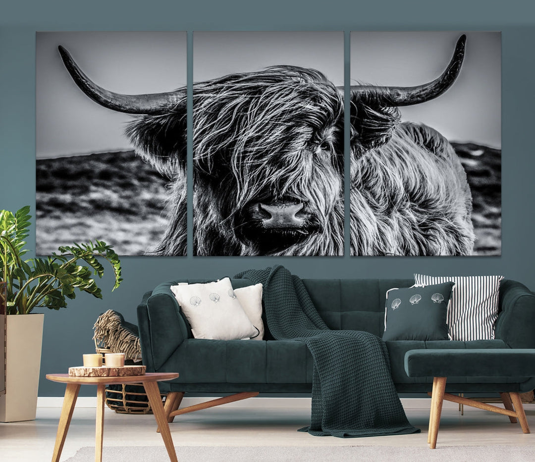 Beautiful Highland Cow Canvas Wall Art Cattle Art Print Black and White Animal Art