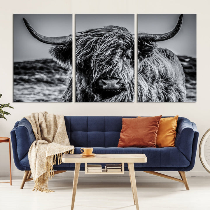 Beautiful Highland Cow Canvas Wall Art Cattle Art Print Black and White Animal Art