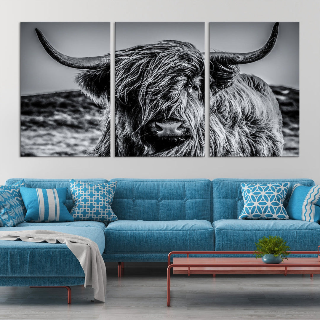 Beautiful Highland Cow Canvas Wall Art Cattle Art Print Black and White Animal Art