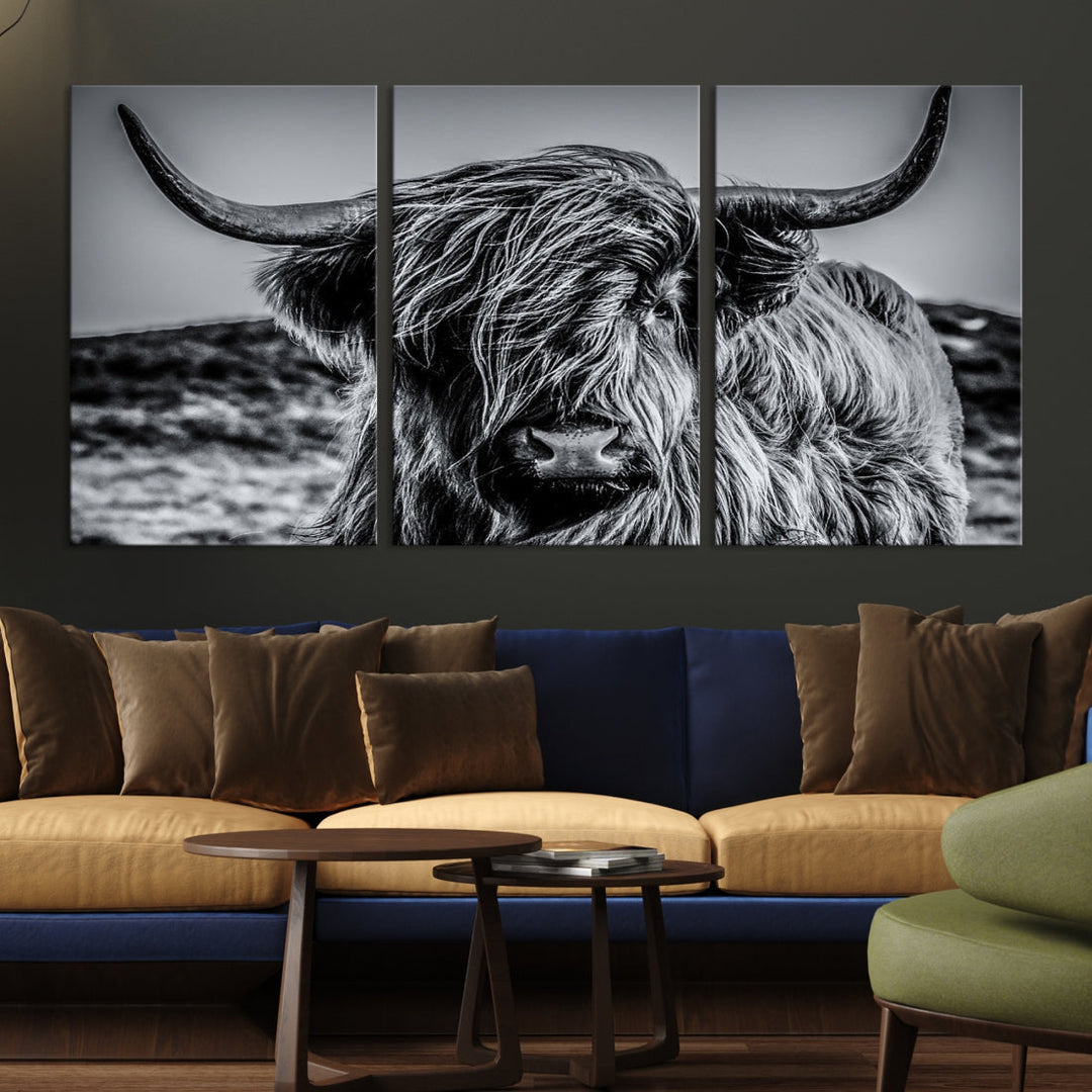 Beautiful Highland Cow Canvas Wall Art Cattle Art Print Black and White Animal Art