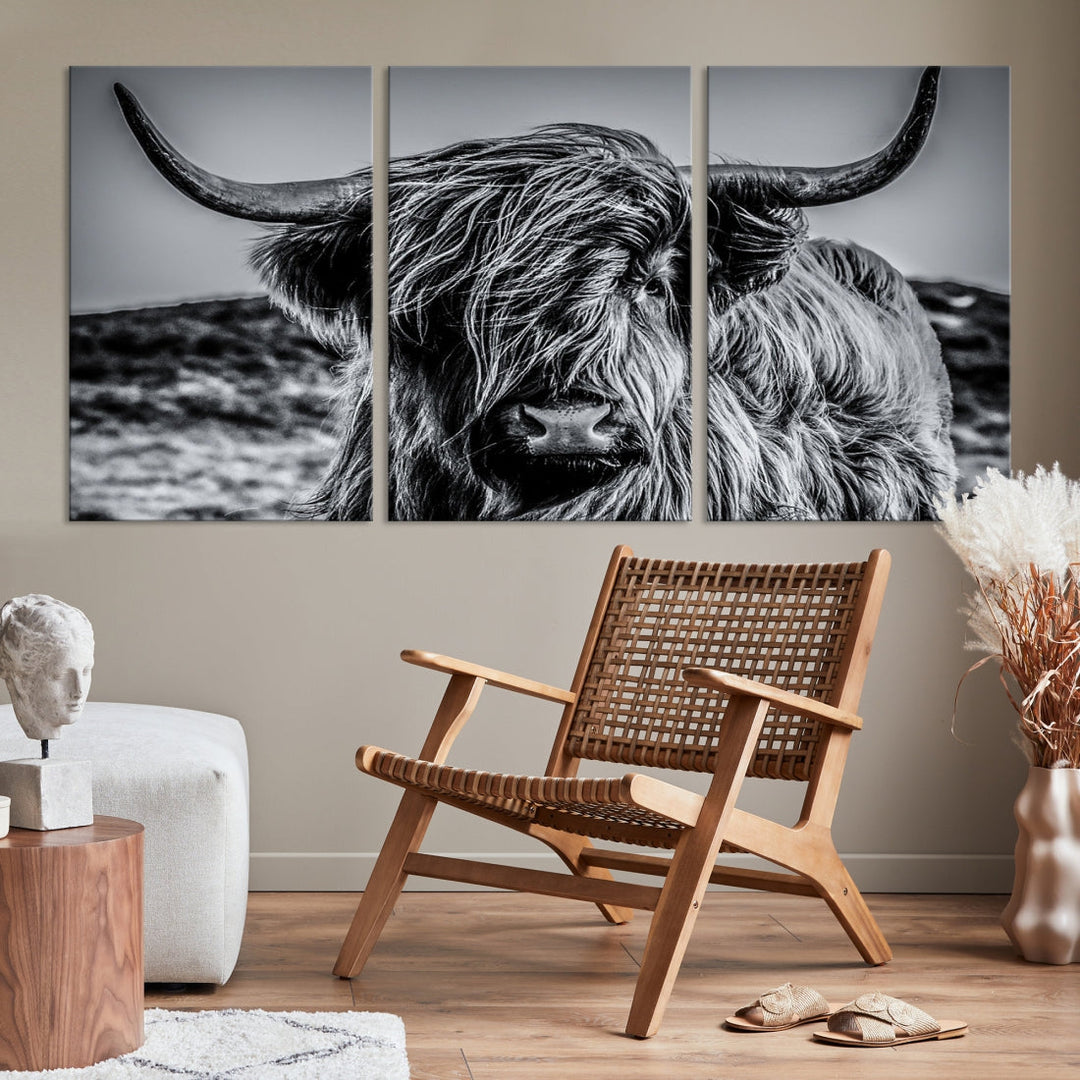 Beautiful Highland Cow Canvas Wall Art Cattle Art Print Black and White Animal Art