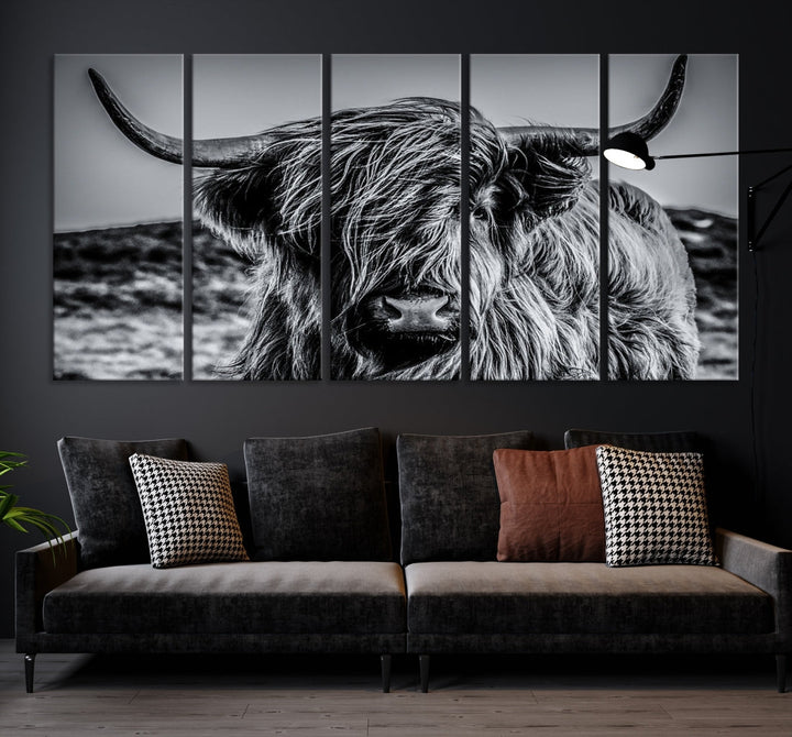 Beautiful Highland Cow Canvas Wall Art Cattle Art Print Black and White Animal Art