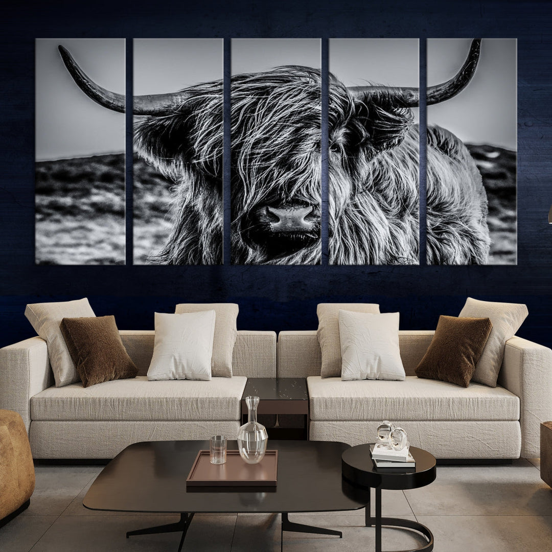 Beautiful Highland Cow Canvas Wall Art Cattle Art Print Black and White Animal Art