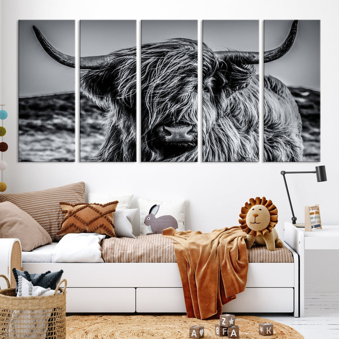 Beautiful Highland Cow Canvas Wall Art Cattle Art Print Black and White Animal Art