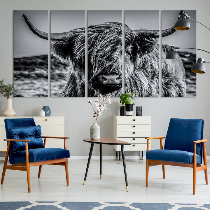 Beautiful Highland Cow Canvas Wall Art Cattle Art Print Black and White Animal Art