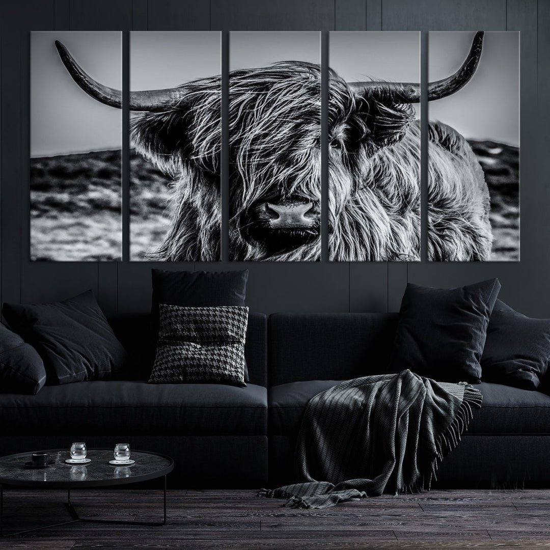 Beautiful Highland Cow Canvas Wall Art Cattle Art Print Black and White Animal Art