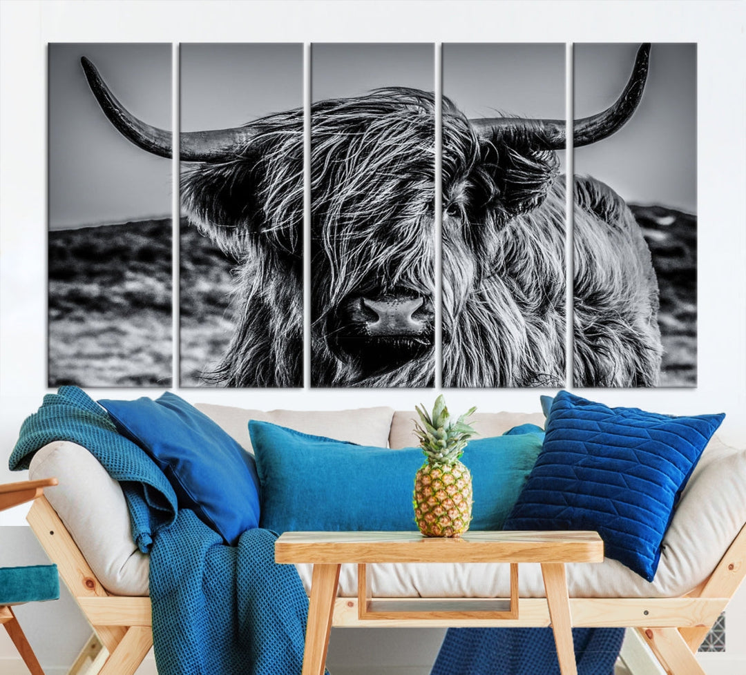 Beautiful Highland Cow Canvas Wall Art Cattle Art Print Black and White Animal Art