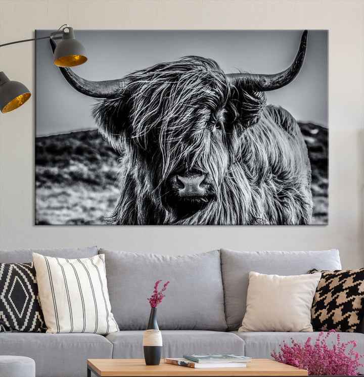 Beautiful Highland Cow Canvas Wall Art Cattle Art Print Black and White Animal Art