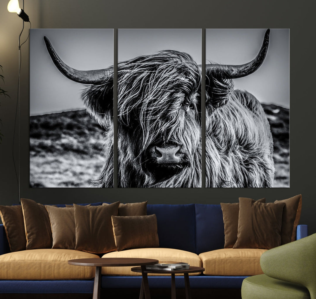 Beautiful Highland Cow Canvas Wall Art Cattle Art Print Black and White Animal Art