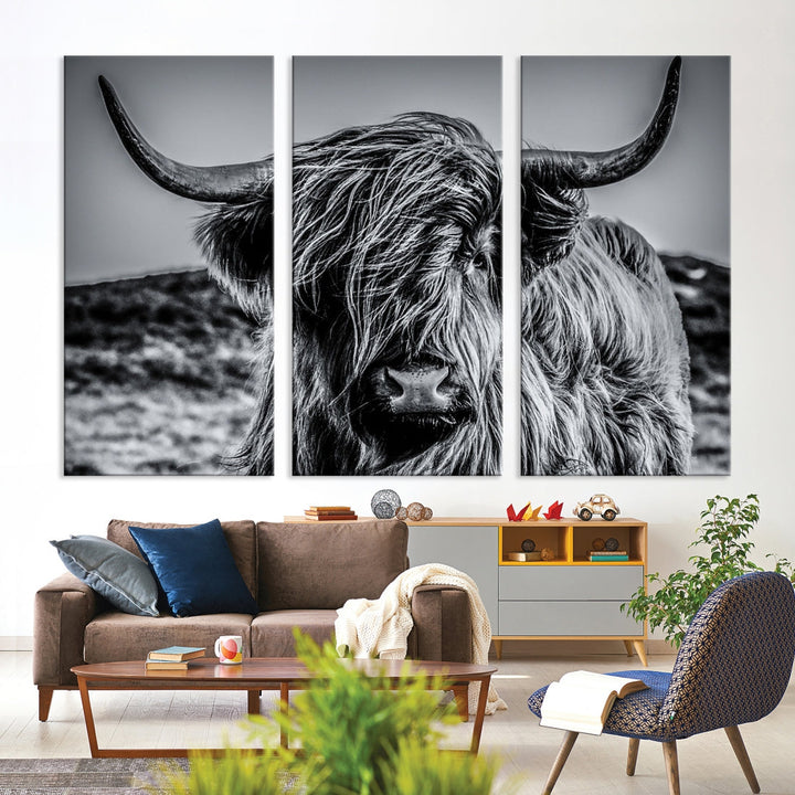 Beautiful Highland Cow Canvas Wall Art Cattle Art Print Black and White Animal Art