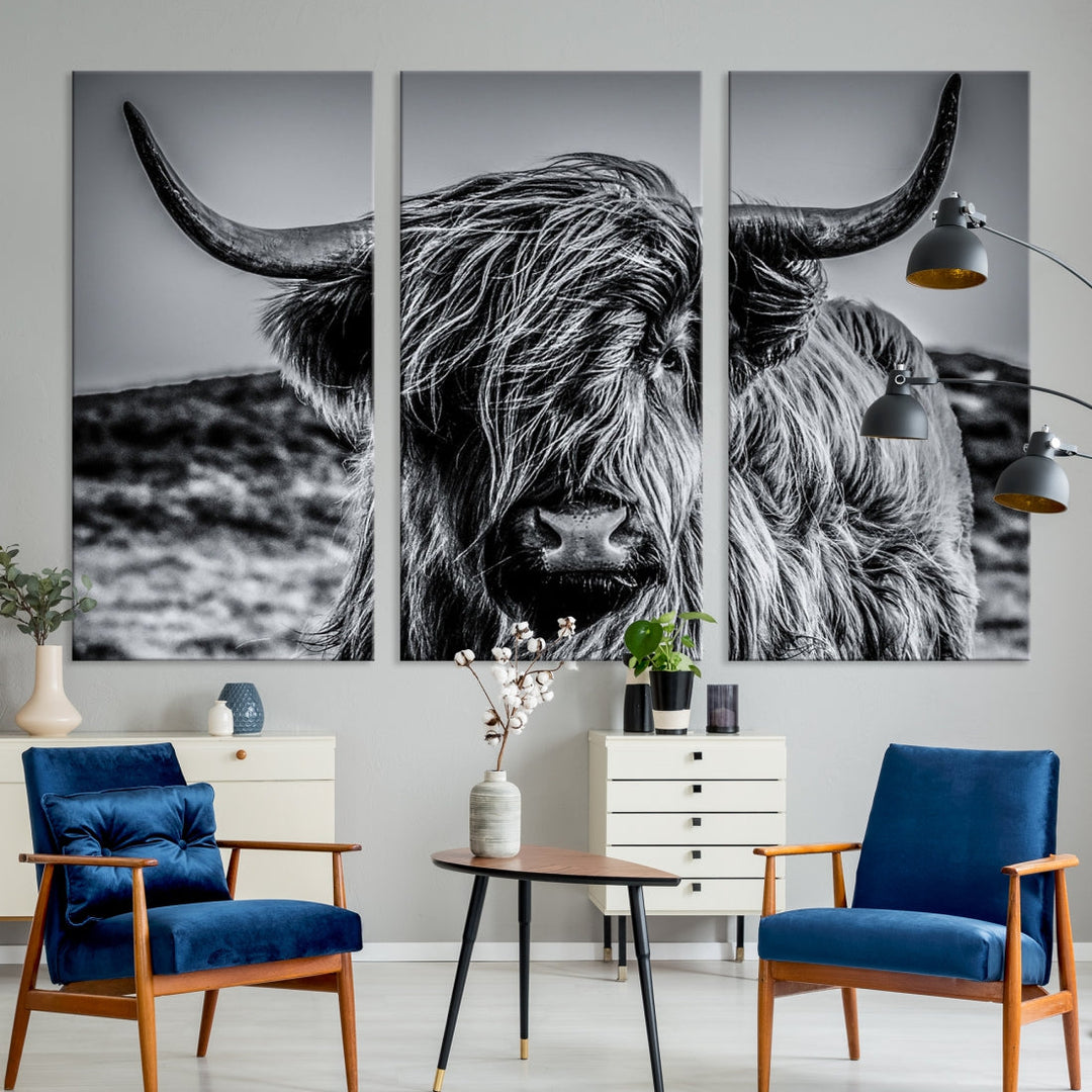 Beautiful Highland Cow Canvas Wall Art Cattle Art Print Black and White Animal Art