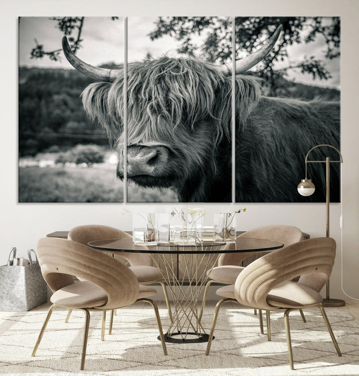 Beautiful Highland Cow Wall Art Large Canvas Print Black and White Wall Decor