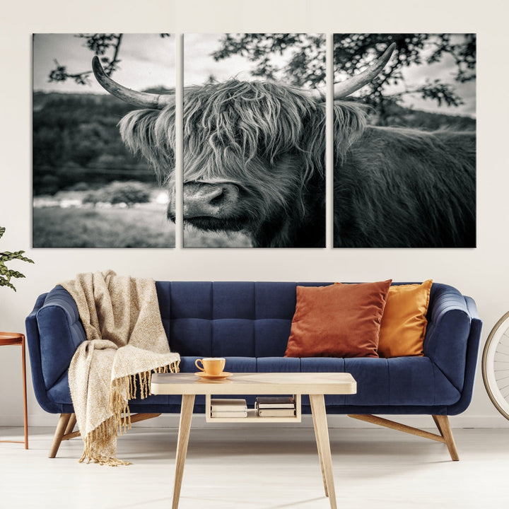 Beautiful Highland Cow Wall Art Large Canvas Print Black and White Wall Decor